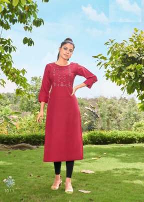 Saheli Heavy Magic Cotton With Embroidery Work Long Kurti Red Glow Color DN 1011