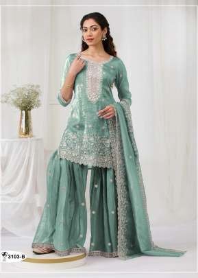 Palazzo Suit Fancy Gold Crush with Heavy Embroidery Sequence Work  Sea Green Colour DN 3103