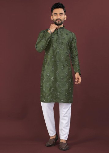 Sangrila Imperial Royale Men’s Banglory Silk Kurta Pyjama With Sequence Embroidery Olive Green Color