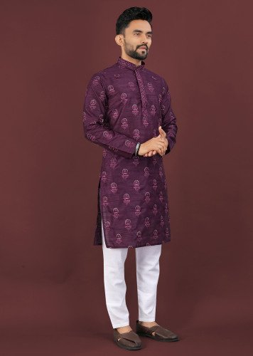 Sangrila Imperial Royale Men’s Banglory Silk Kurta Pyjama With Sequence Embroidery Wine Color