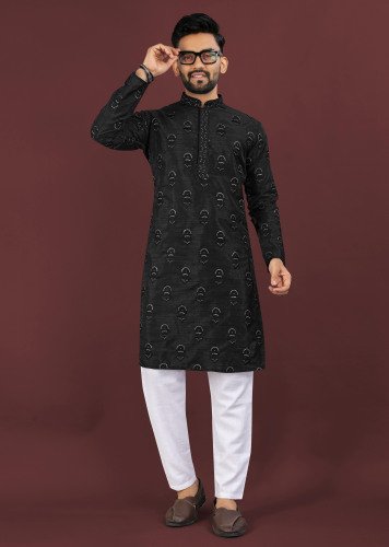 Sangrila Imperial Royale Men’s Banglory Silk Kurta Pyjama With Sequence Embroidery Black Color