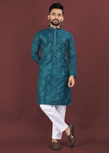 Sangrila Imperial Royale Men’s Banglory Silk Kurta Pyjama With Sequence Embroidery Teal  Color