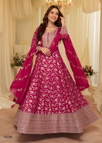 Sayuri Designer Aaradhana DN 10238 Heavy Pure Viscose Jacquard  Silk With Embroidery Sequence Work Anarkali Gown Rani Pink Color