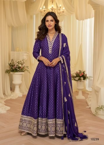 Sayuri Designer Aaradhana DN 10239 Heavy Pure Viscose Jacquard  Silk With Embroidery Sequence Work Anarkali Gown Purple Color