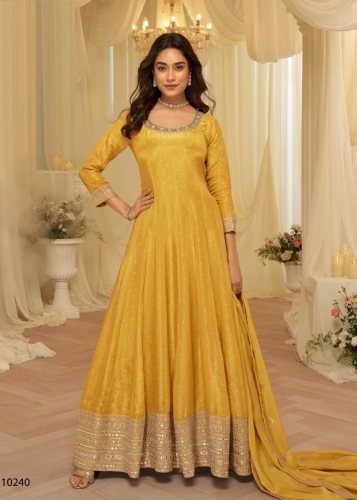 Sayuri Designer Aaradhana DN 10240 Heavy Pure Viscose Jacquard  Silk With Embroidery Sequence Work Anarkali Gown Yellow Color