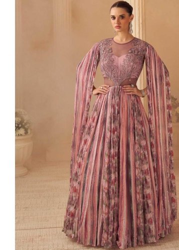 Sayuri Designer Aarohi Premium Real Chinon Silk Trendy Wedding Look And Embroidered Work Pink Color