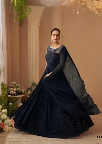 Sayuri Designer Aarohi Premium Real Chinon Silk Trendy Wedding Look And Embroidered Work Navy Blue Color
