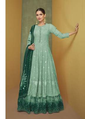 Sayuri Designer Alizeh Real Georgettee With Embroidery Work Anarkali Salwar Kameez Light Pista Color DN 5218