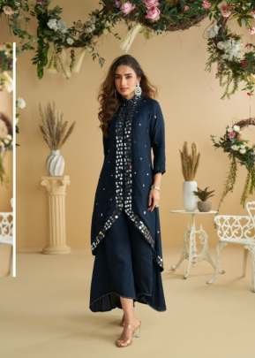 Sayuri Designer Amara Premium Silk Top Palazzo Set With Embellished Mirror Work Navy Blue Color DN 10125