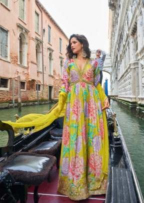 Sayuri Designer Geet Premium Heavy Chinon Silk Digital Print With Elegant Embroidery And Sequence Work Anarkali Gown Lime Yellow Color DN 10075