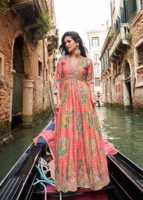 Sayuri Designer Geet Premium Heavy Chinon Silk Digital Print With Elegant Embroidery And Sequence Work Anarkali Gown Pink Color DN 10076