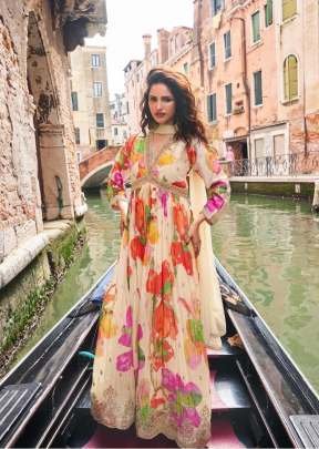 Sayuri Designer Geet Premium Heavy Chinon Silk Digital Print With Elegant Embroidery And Sequence Work Anarkali Gown Beige Color DN 10074