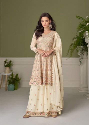 Sayuri Designer Glamour DN 7557 Heavy Real Georgette With Embroidery Palazzo Exclusive Party Wear Readymade Suit Off White Color