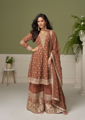 Sayuri Designer Glamour DN 7558 Heavy Real Georgette With Embroidery Palazzo Exclusive Party Wear Readymade Suit Brown Color
