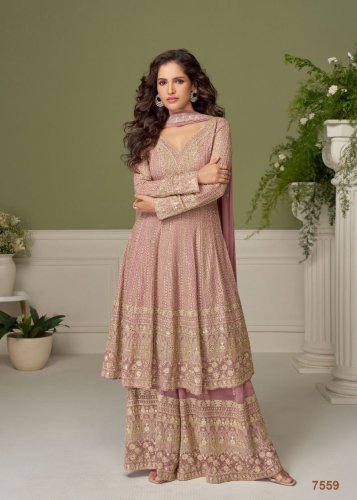 Sayuri Designer Glamour DN 7559 Heavy Real Georgette With Embroidery Palazzo Exclusive Party Wear Readymade Suit Dusty Pink Color