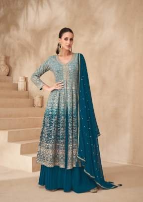Sayuri Designer Gulnaaz Anarkali Suit In Real Georgette With Embroidery Sequence And Thread Zari Detailing Teal Blue Color DN 10207