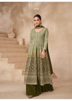 Sayuri Designer Gulnaaz Anarkali Suit In Real Georgette With Embroidery Sequence And Thread Zari Detailing Olive Color DN 10208