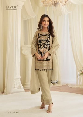 Sayuri Designer Jinayaa DN 10169 Premium Simmer Silk With Embroidery Sequence Work With Ribbin Work Ready Made Suit Beige Color