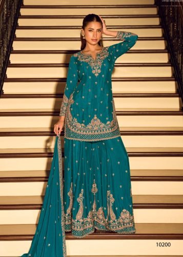 Sayuri Designer Kanchan DN 10200 Chinon With Heavy Beads Embroidery Work Ready Made Palazzo Suit Teal Blue Color