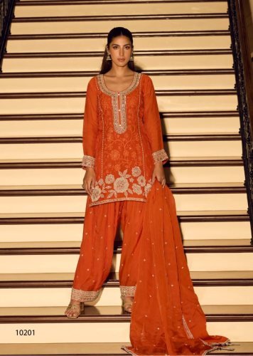 Sayuri Designer Kanchan DN 10201 Chinon With Heavy Beads Embroidery Work Ready Made Palazzo Suit Orange Color