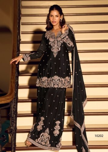 Sayuri Designer Kanchan DN 10202 Chinon With Heavy Beads Embroidery Work Ready Made Palazzo Suit Black Color