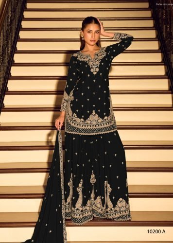 Sayuri Designer Kanchan Pro And Gold DN 10200 Chinon With Heavy Beads Embroidery Work Ready Made Palazzo Suit Black Color