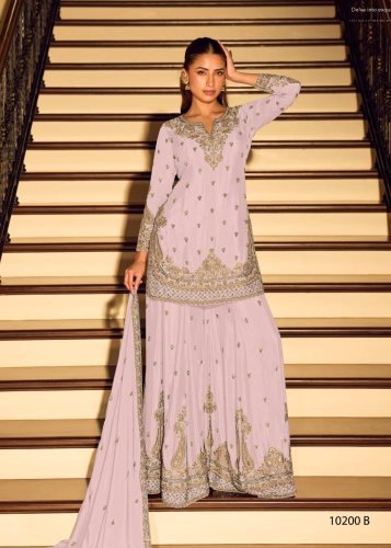 Sayuri Designer Kanchan Pro And Gold DN 10200 Chinon With Heavy Beads Embroidery Work Ready Made Palazzo Suit Light Purple Color