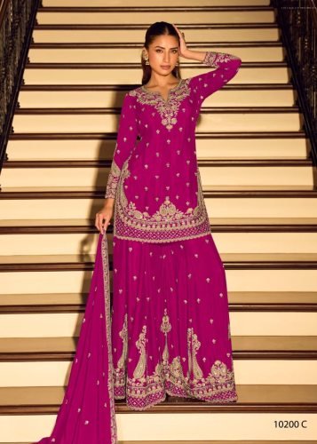 Sayuri Designer Kanchan Pro And Gold DN 10200 Chinon With Heavy Beads Embroidery Work Ready Made Palazzo Suit Magenta Color