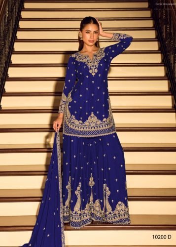 Sayuri Designer Kanchan Pro And Gold DN 10200 Chinon With Heavy Beads Embroidery Work Ready Made Palazzo Suit Royal Blue Color