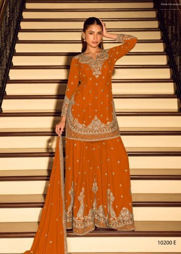 Sayuri Designer Kanchan Pro And Gold DN 10200 Chinon With Heavy Beads Embroidery Work Ready Made Palazzo Suit Orange Color