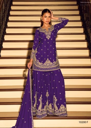 Sayuri Designer Kanchan Pro And Gold DN 10200 Chinon With Heavy Beads Embroidery Work Ready Made Palazzo Suit Violet Color