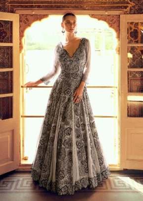 Sayuri Designer Karishma Anarkali Gown  Viscose Simar Jacquard  Silk Festive Stylist Front And Back Embroidered  Grey Color DN 5768