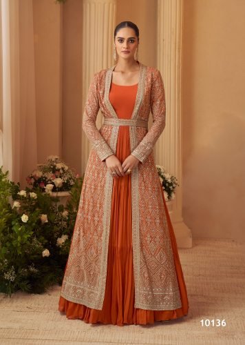 Sayuri Designer Kasmira DN 10136 Heavy Chinon With Embroidery Sequence Work Anarkali Gown With Shrug Orange Color