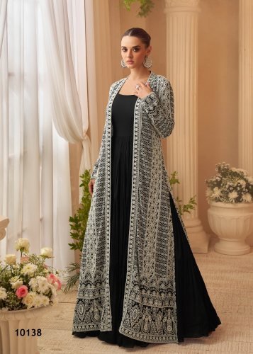 Sayuri Designer Kasmira DN 10138 Heavy Chinon With Embroidery Sequence Work Anarkali Gown With Shrug Black Color