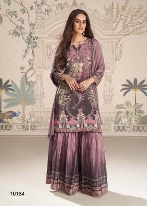 Sayuri Designer Kirti Premium Crepe Sharara Suit With Digital Print And Hand Mirror Work Dusty Purple Color DN 10184