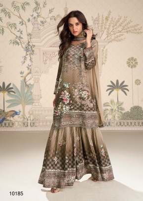 Sayuri Designer Kirti Premium Crepe Sharara Suit With Digital Print And Hand Mirror Work Coffee Brown Color DN 10185