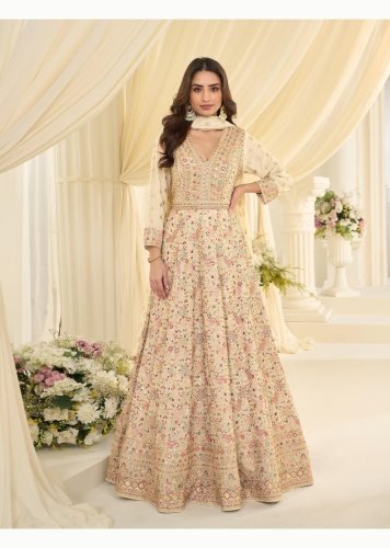 Sayuri Designer Maharani DN 10271 Heavy Real Georgette With Embroidery Sequence Work Anarkali Gown Off White Color 