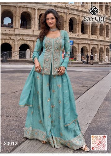  Sayuri Designer Mehar  New Stylish With Heavy Chinon And Embroidery Work  Palazzo Dupatta Set Turquoise Green DN 20012