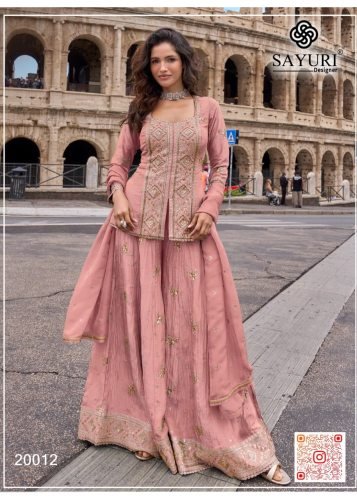  Sayuri Designer Mehar  New Stylish With Heavy Chinon And Embroidery Work  Palazzo Dupatta Set Dusty Rose Pink Color DN 20012