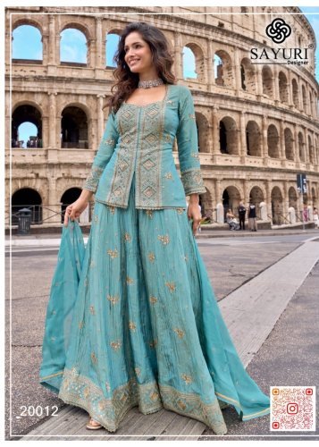 Sayuri Designer Mehar Top Palazzo Dupatta Set With Heavy Chinon with Embroidery Sequence Work Sky Blue Color DN 20012