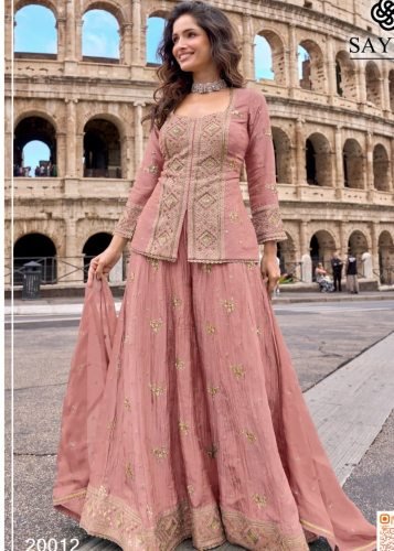 Sayuri Designer Mehar Top Palazzo Dupatta Set With Heavy Chinon with Embroidery Sequence Work Peach Color DN 20012