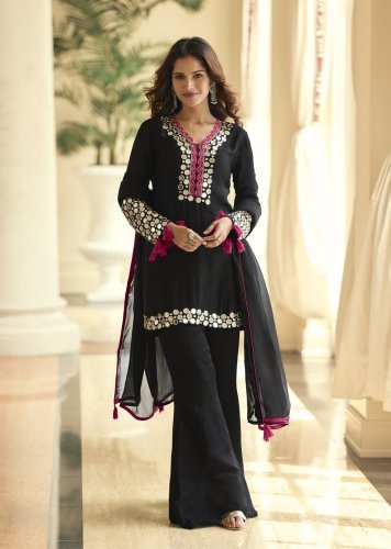 Sayuri Designer Mirror DN 10268 Vichitra Silk With Real Mirror Hand Work Readymade Suit Black Color