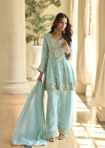 Sayuri Designer Mirror DN 10269 Jimichu Silk With Real Mirror Hand Work Designer Suit Sky Blue Color