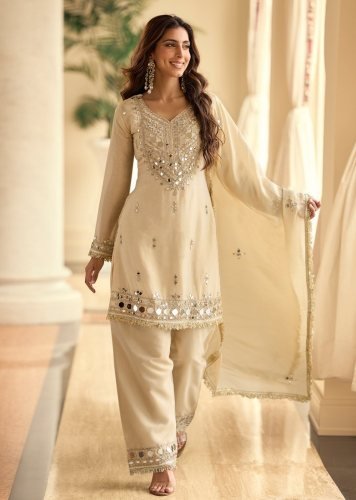 Sayuri Designer Mirror DN 10270 Vichitra Silk With Real Mirror Hand Work Designer Suit Cream Color