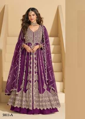 Sayuri Designer Mirza Anarkali Gown In Heavy Chinon Fabric With Embroidery Purple Wine DN 5811