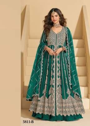 Sayuri Designer Mirza Anarkali Gown In Heavy Chinon Fabric With Embroidery Dark Green DN 5811