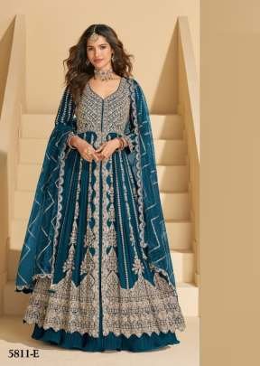 Sayuri Designer Mirza Anarkali Gown In Heavy Chinon Fabric With Embroidery Teal Blue DN 5811
