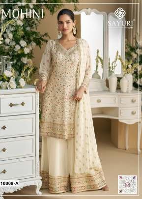 Sayuri Designer Mohini Faux Georgette With Heavy Embroidered And  Sequence Work Palazzo Suit White Color DN 10009