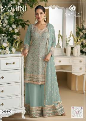 Sayuri Designer Mohini Faux Georgette With Heavy Embroidered And  Sequence Work Palazzo Suit Sky Blue Color DN 10009