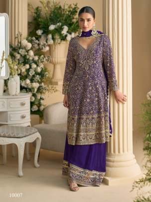 Sayuri Designer Mohini Full Stitched Salwar Kameez Palazzo Suit With Heavy Georgette Fabric And Embroidery Swarovski Work Purple Color DN 10007